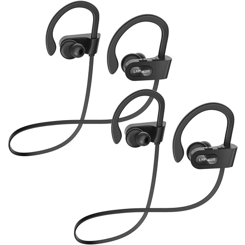 Bluetooth Headphones Deep Bass Wireless Running Headphones w/16 Hrs Playtime Bluetooth Earbuds in-Ear w/Earhooks IPX7 Waterproof Sports Earphones with Microphone for Calls (Two Black Headphones)